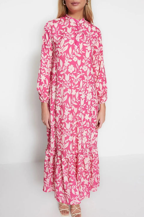 فستان مبطن مزين بالزهور باللون الوردي الغامق