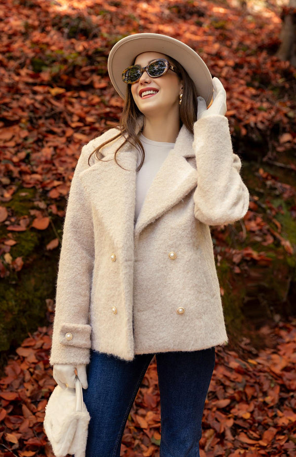 جاكيت كاشمير بتفاصيل لؤلؤية - لون كريمي