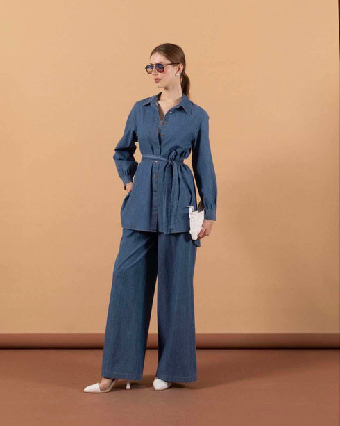 طقم جينز فاتح قميص وبنطلون