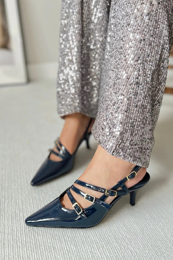 Three-Striped Buckle Navy Blue Leather Heels