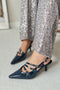 Three-Striped Buckle Navy Blue Leather Heels