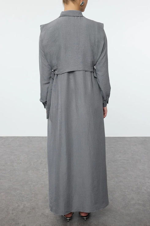 فستان طويل منسوج مع تفاصيل حزام - رمادي