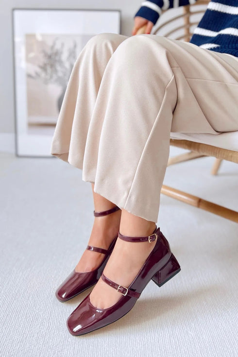 Claret Red Patent Leather Closed Back Short Heel