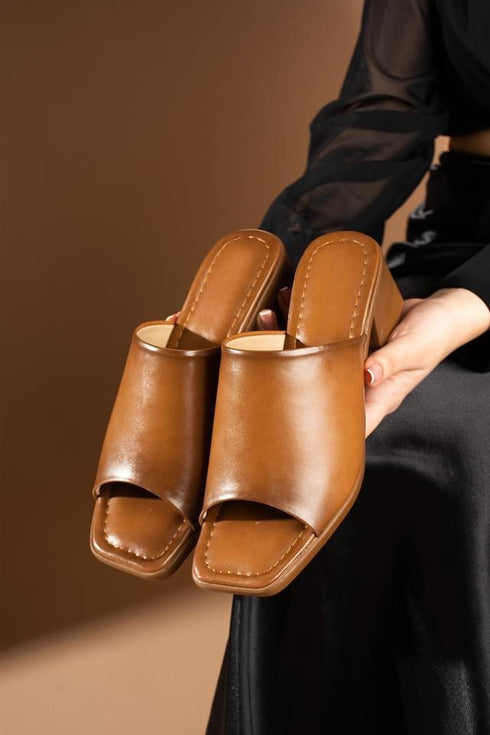 Camel Thick Heeled Women's Slippers