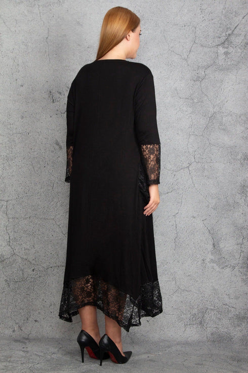 فستان نسائي أسود طويل الأكمام من الفيسكوز مزين بالدانتيل