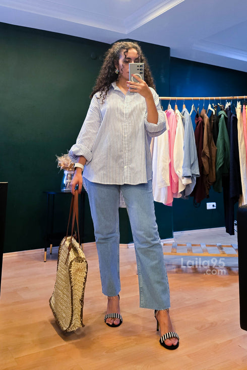 قميص اوفر سايز مخطط ازرق