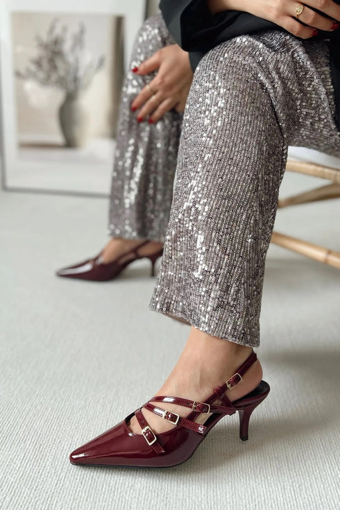 Three-Striped Buckle Claret Red Leather Heels