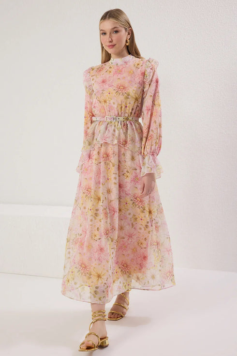 فستان مورد مبطن بالشيفون - وردي