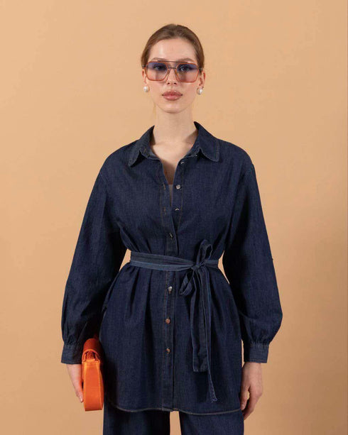 طقم جينز غامق قميص وبنطلون