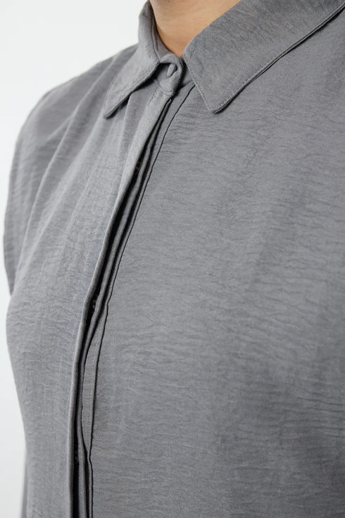 فستان طويل منسوج مع تفاصيل حزام - رمادي