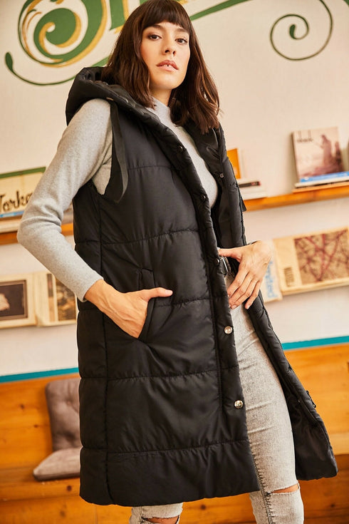 Women Black Hooded Vest