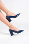 Navy Blue Leather Pointed Toe Low Heel