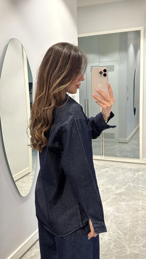 طقم جينز غامق قميص وبنطلون