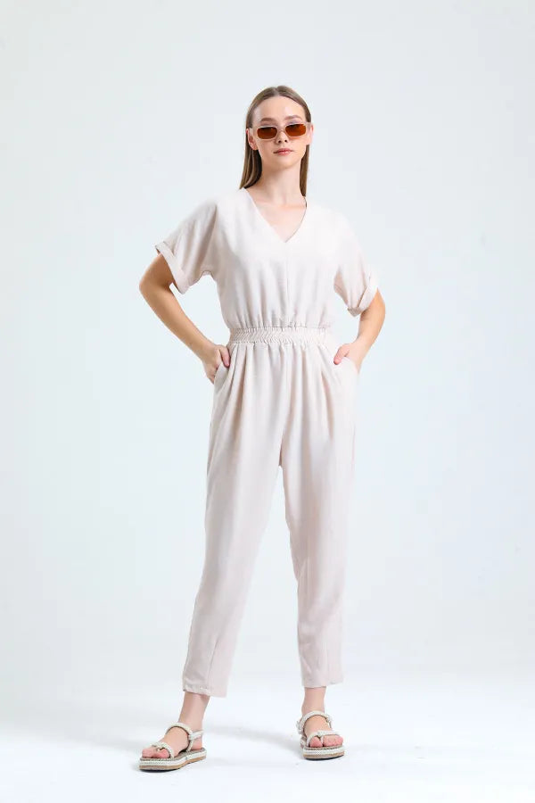 Beige Drawstring Jumpsuit