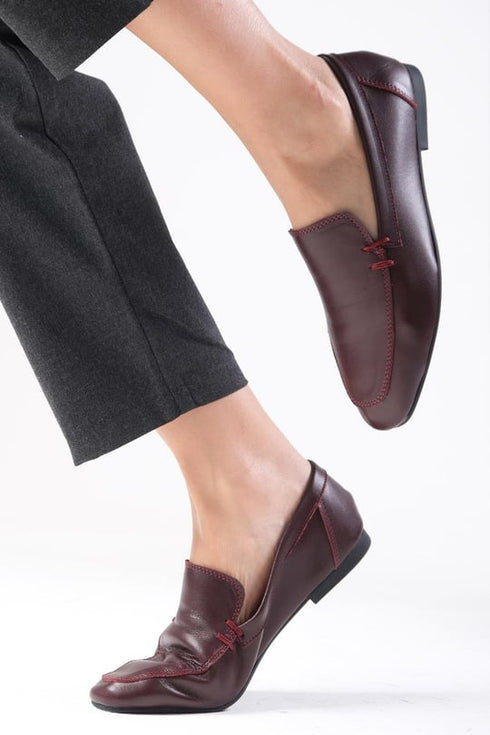 حذاء لوفر جلد حقيقي لون بورغوندي