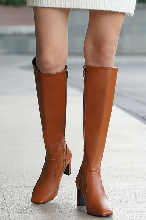 جزمة طويلة كعب عالي - عسلي