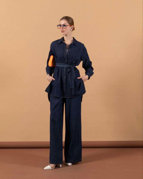 طقم جينز غامق قميص وبنطلون