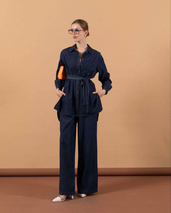 طقم جينز غامق قميص وبنطلون