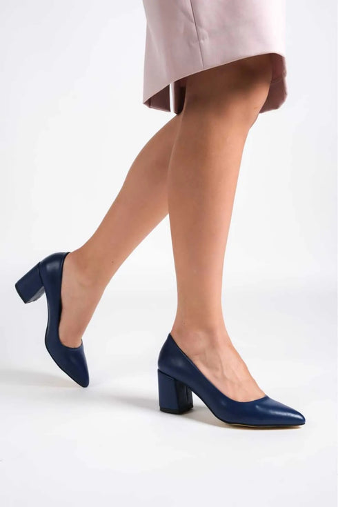 Navy Blue Leather Pointed Toe Low Heel