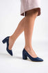 Navy Blue Leather Pointed Toe Low Heel