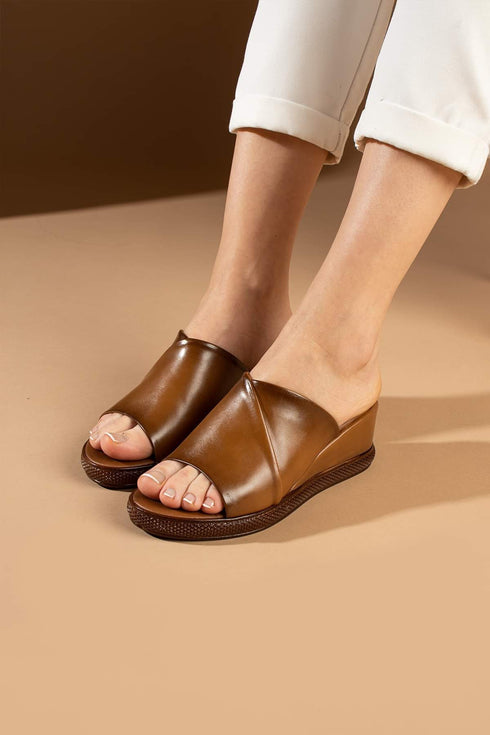 Camel Wedge Heeled Women's Slippers