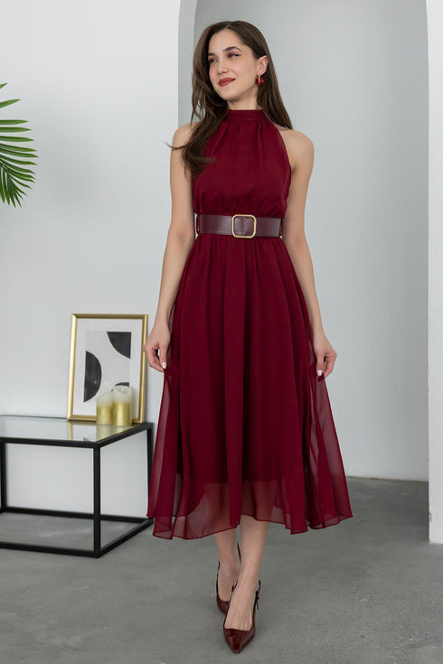 فستان بحزام - بوردو