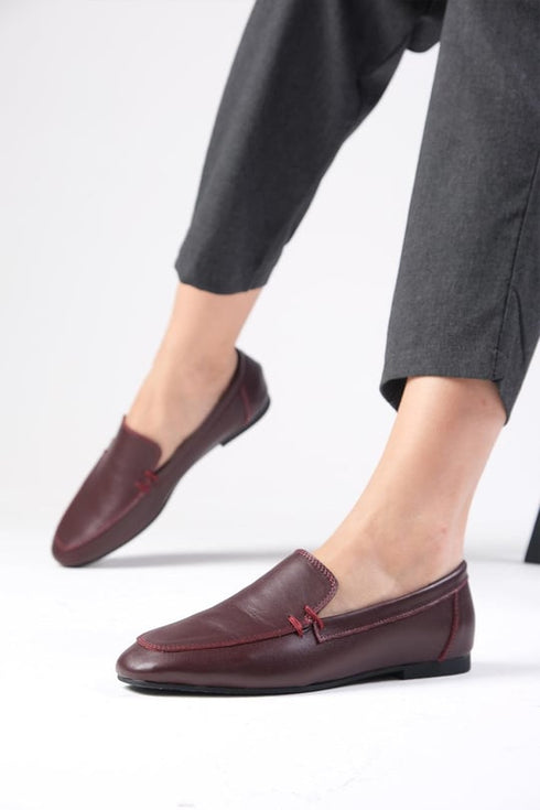 حذاء لوفر جلد حقيقي لون بورغوندي