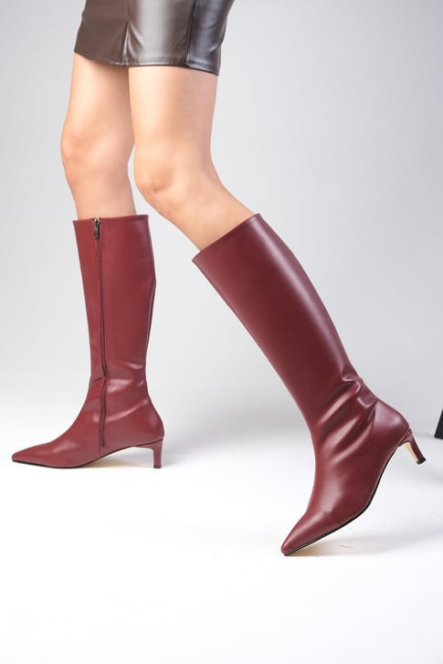 جزمة طويلة بكعب قصير - لون بوردو