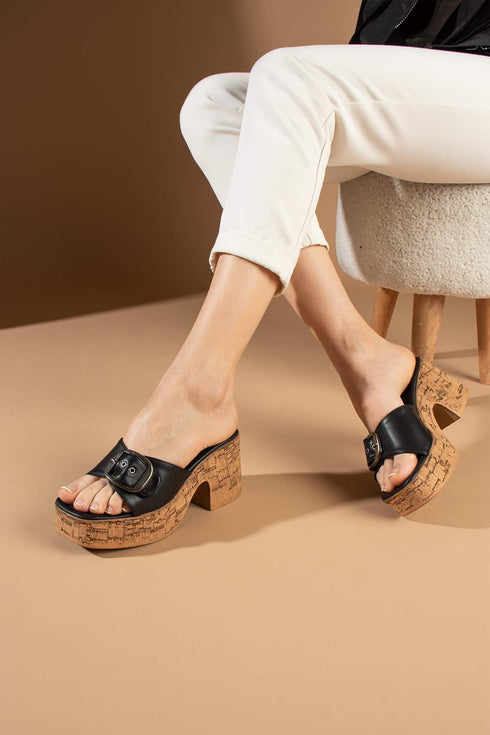 Black Leather Buckle Detailed Slippers