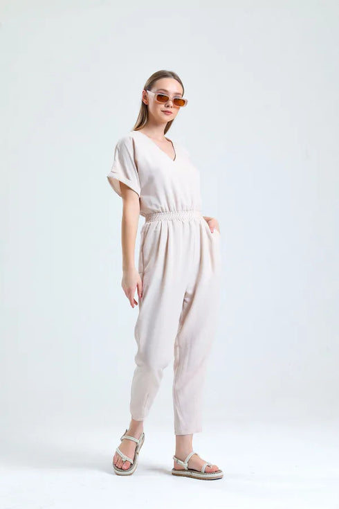 Beige Drawstring Jumpsuit
