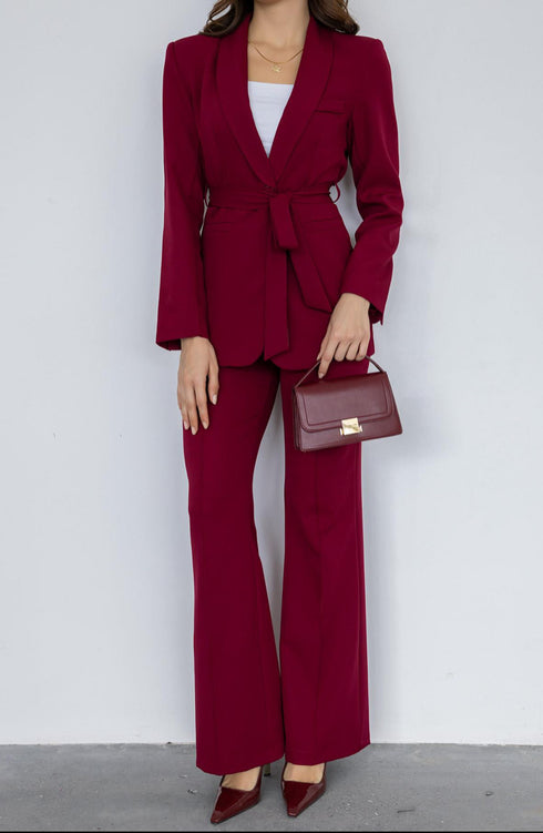 طقم نسائي رسمي بحزام - لون بوردو