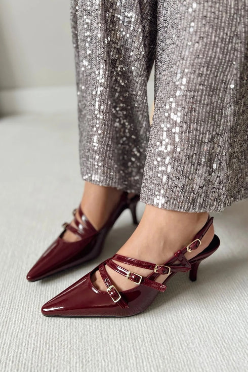 Three-Striped Buckle Claret Red Leather Heels