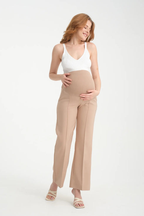 بنطلون قماش للحوامل باللون البيج