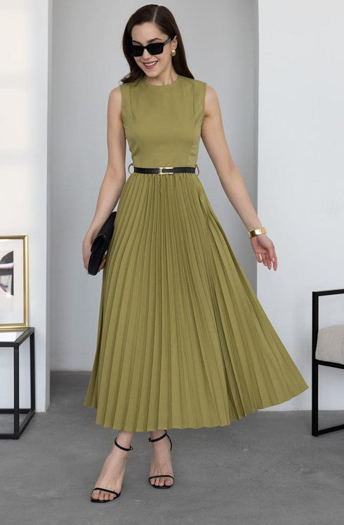 فستان كسرات بحزام - أخضر زيتوني
