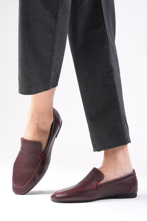 حذاء لوفر جلد حقيقي لون بورغوندي