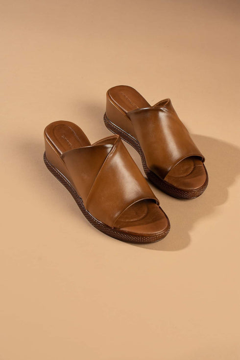 Camel Wedge Heeled Women's Slippers