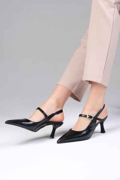 حذاء بكعب عالي بنقشة جلد الأفعى - أسود