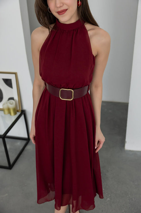 فستان بحزام - بوردو