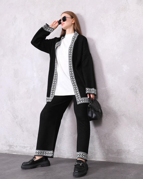 Black 3-Piece Patterned Knitwear Set