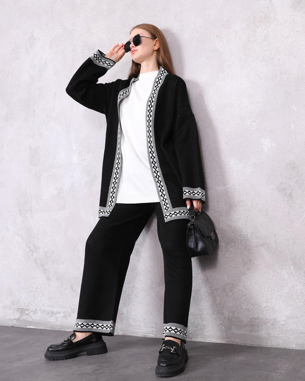 Black 3-Piece Patterned Knitwear Set