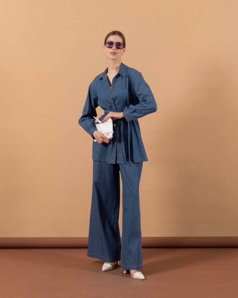 طقم جينز فاتح قميص وبنطلون