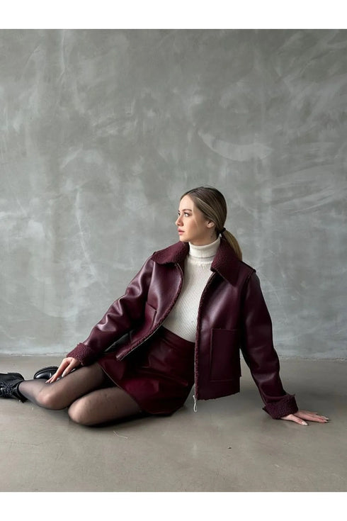 جكيت جلد لون بوردو