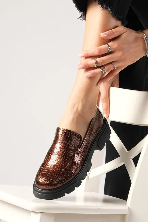 حذاء أوكسفورد بكعب سميك -بني