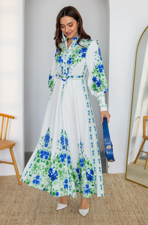 فستان طويل منقوش بالورد - أبيض