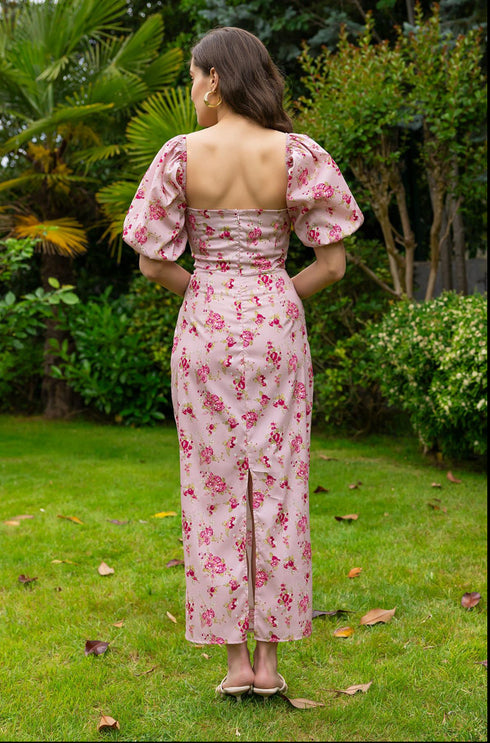 فستان زهري برقبة مربعة - وردي