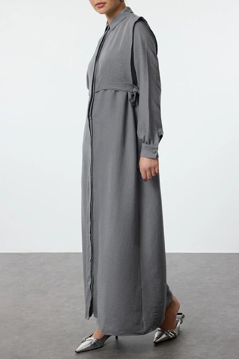 فستان طويل منسوج مع تفاصيل حزام - رمادي