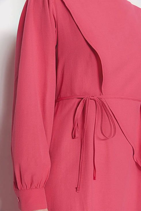 فستان فوشيا بحزام أمامي من القطن المنسوج وغير مُبطن