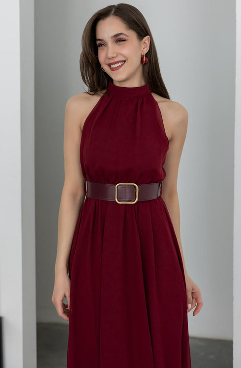 فستان بحزام - بوردو