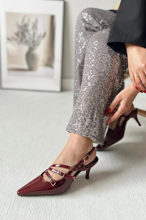 Three-Striped Buckle Claret Red Leather Heels