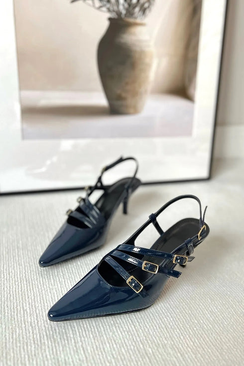 Three-Striped Buckle Navy Blue Leather Heels